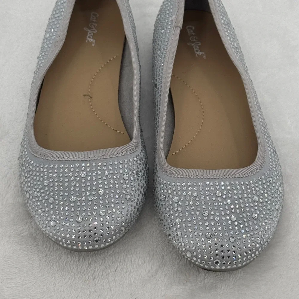 Cat & Jack Silver Rhinestone Ballet Flats Girls Size 1 Sparkly Dress Shoes